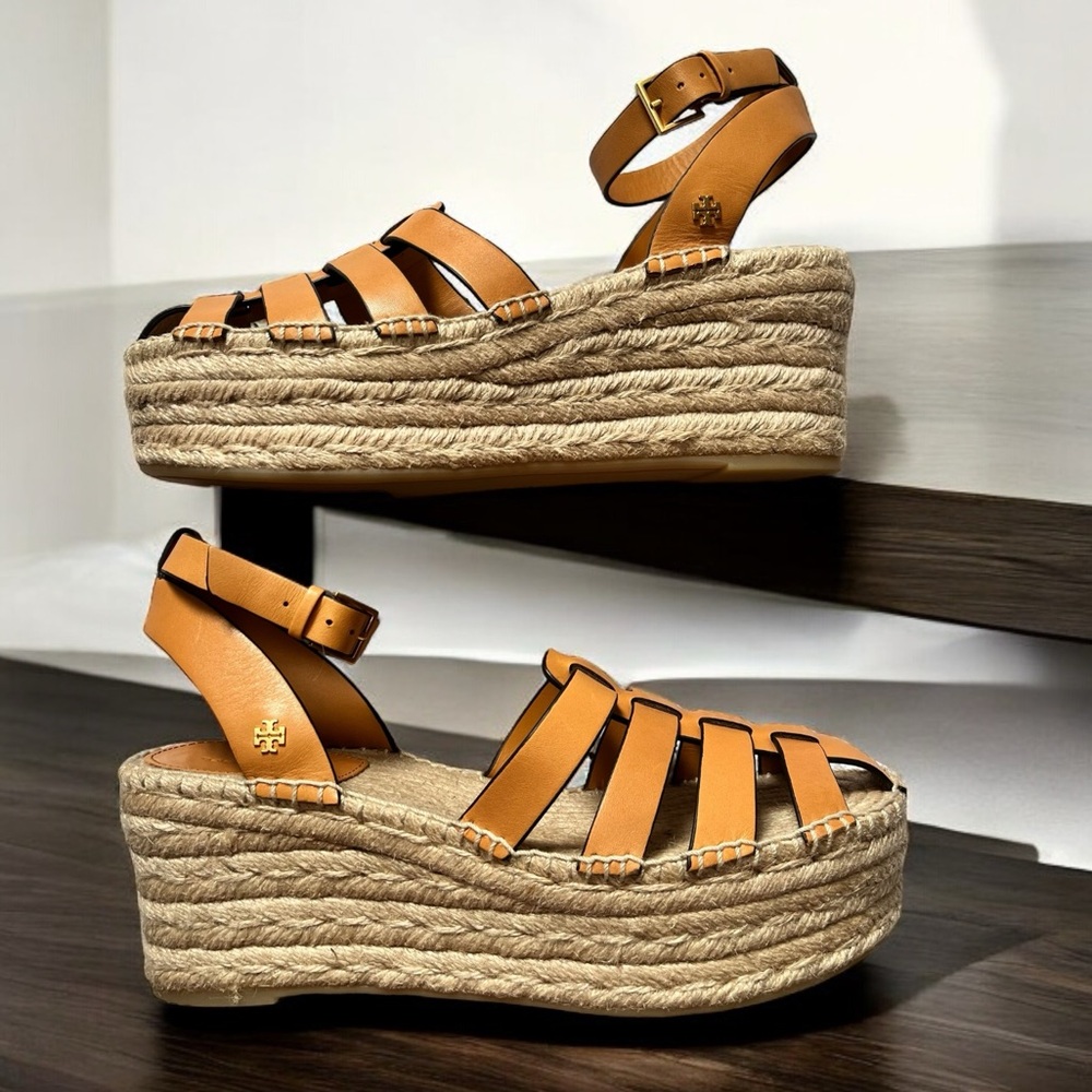 New TORY BURCH Fisherman Espadrille Wedge 75 mm leather Sandals Size 9.5